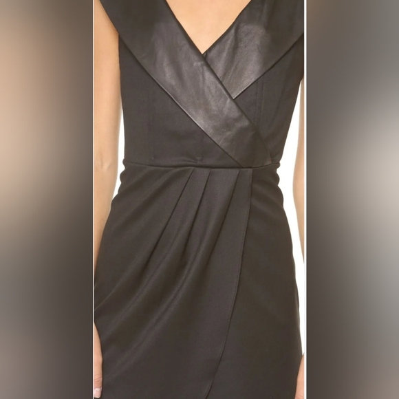 Alice + olivia Shayna Leather Trim Shawl Collar Faux Wrap Black Dress - Picture 6 of 15